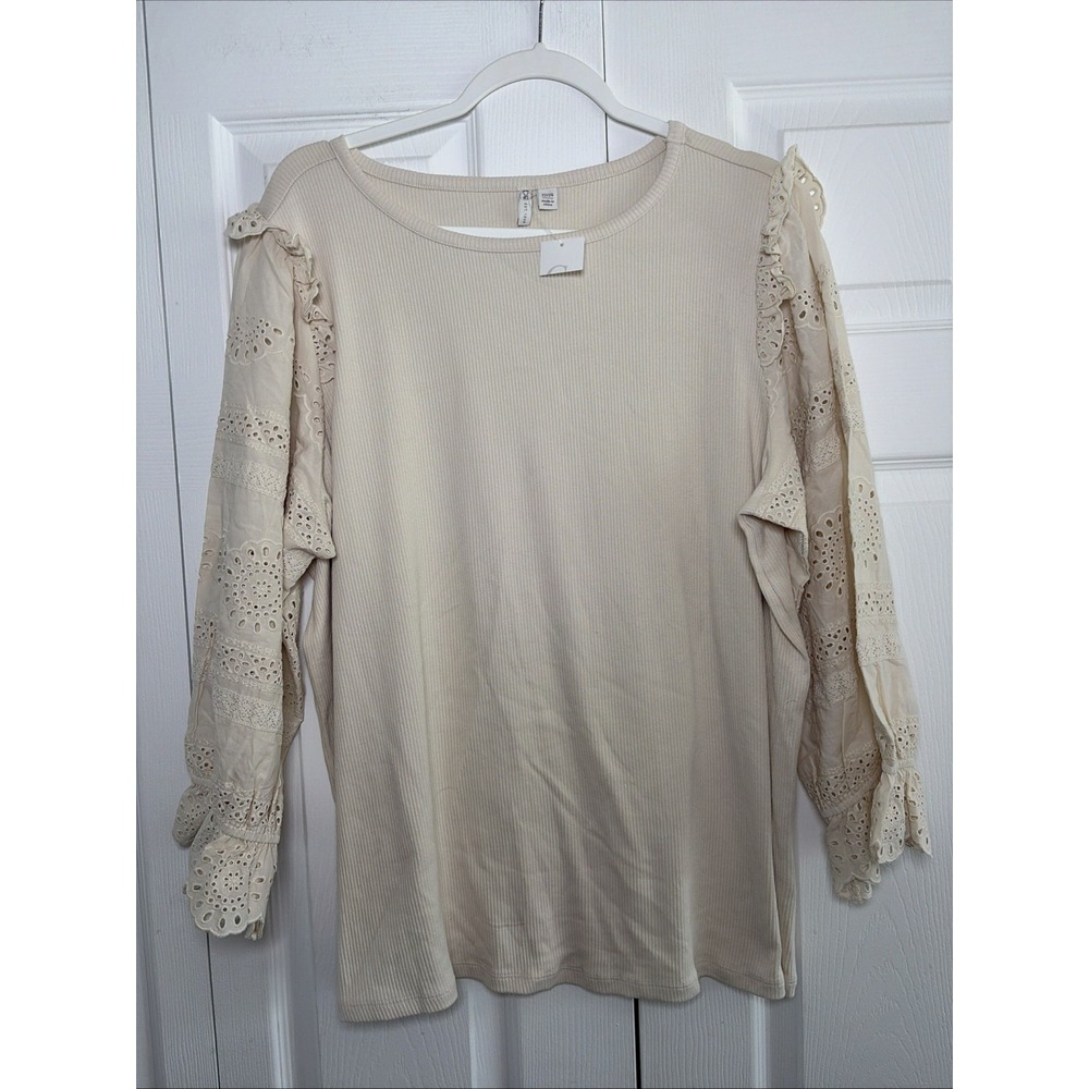 Cato Eyelet Sleeve Ribbed Top Womens Size 22/24 Beige Boho Edwardian NEW Ruffle